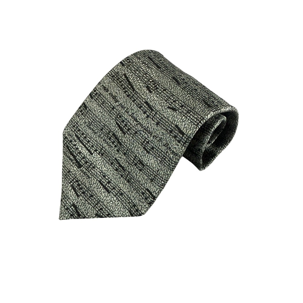 VICKY DAVIS New York Silk Necktie Gray Black Sheet Music Musical Notes 56in